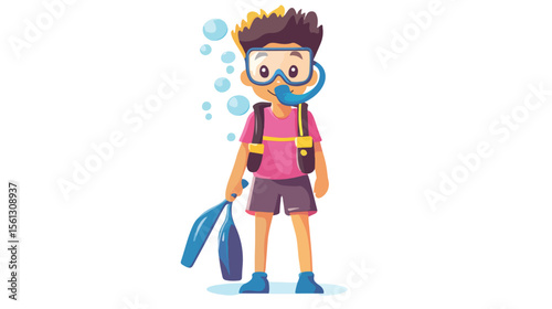 Young Diver Boy in Pink Shirt with Snorkel and Fins Flat Vector Illustration