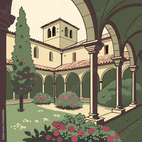 
a courtyard with a building and trees