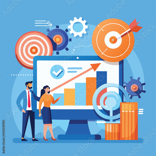 A businessman interacts with technology and business concepts, represented by an infographic network of targets, arrows, and social media icons, symbolizing successful marketing and connection