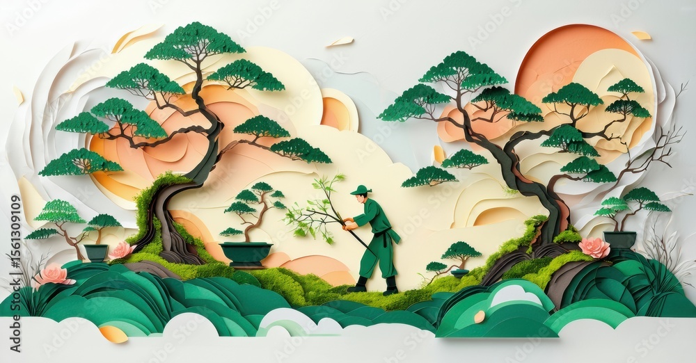 Naklejka premium Papercraft landscape depicts bonsai trees, gardener tending plants. Soft colors create serene, artistic scene. Minimalist style.