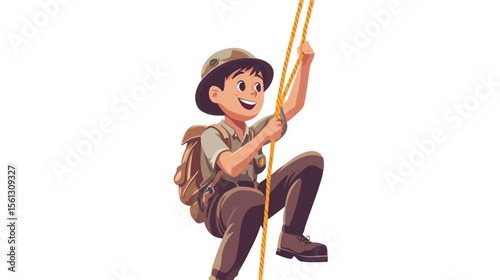 Brave Boy Climbing Rope in Scout Uniform on White Background