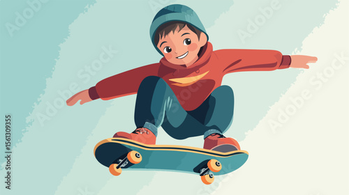 Young Boy Skateboarding Flat Vector Illustration