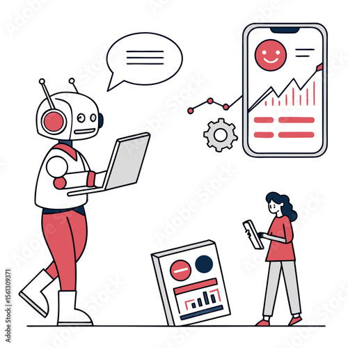 a robot with a laptop and a woman standing next to a phone