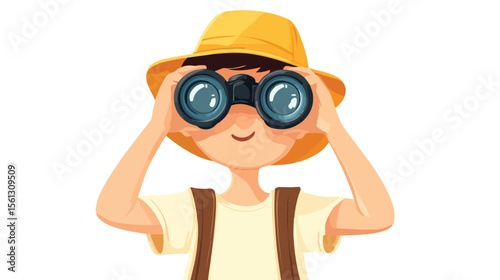 Young boy exploring with binoculars on white background