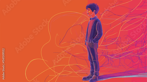 Professional Boy Modeling Continuous Line Flat Vector Illustration
