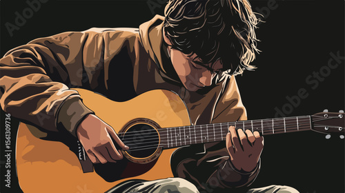 Professional Boy playing Acoustic Guitar Vector Illustration