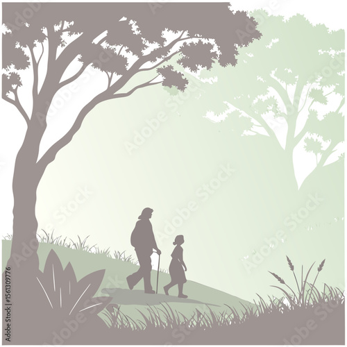 Silhouette of a woman and child walking on a path in a forest with trees and grass in the background