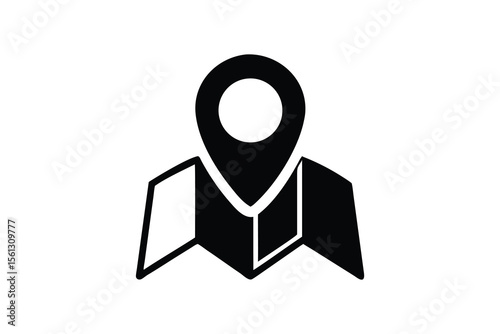 Modern minimalist black and white illustration of a location pin on a folded map, symbolizing travel planning, adventure, exploration, and discovery; perfect for websites, apps, and travel brochures.