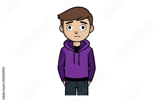 Sad Boy in Purple Hoodie: A cartoon illustration of a boy with sad expression wearing a purple hoodie and gazing into the distance.