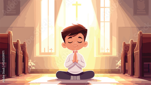 Young Boy Praying in First Communion Flat Vector Illustration