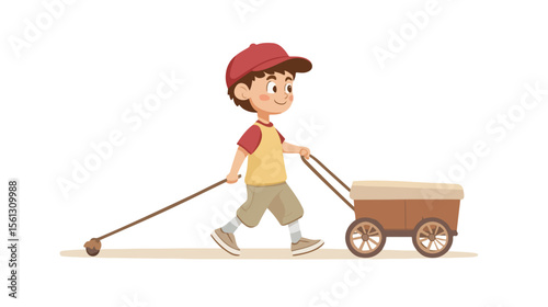 Young Boy Pulling Wagon Isolated Flat Vector Illustration
