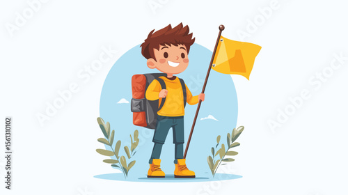 Young Boy Ready for Adventure with Flag Flat Vector Illustration