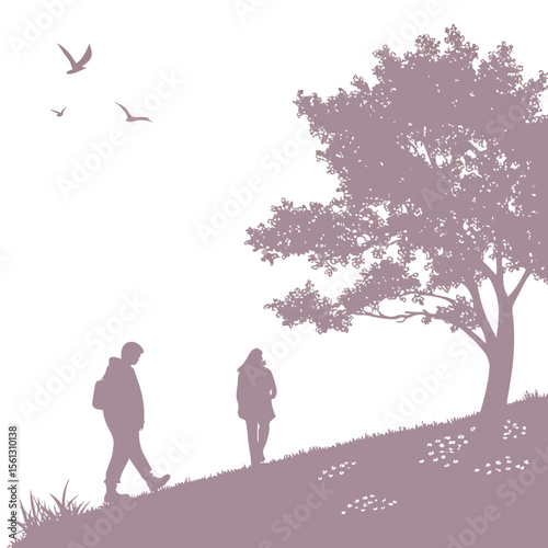 Silhouette of a man and woman walking up a hill with a tree and birds in a monochrome color scheme