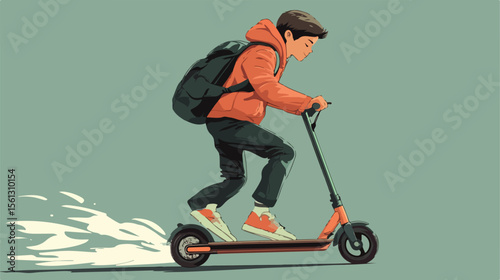 Young Boy Riding Electric Scooter with Backpack Outdoors