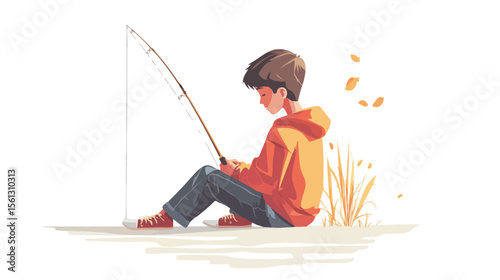 Boy Sitting with Fishing Rod - Flat Vector Illustration