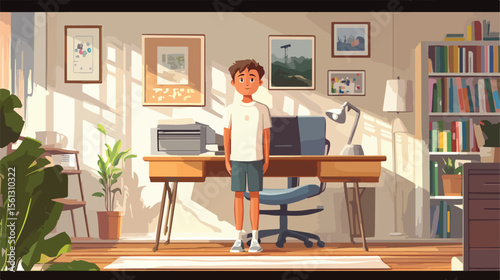 Professional Young Boy Standing by Office Desk Vector Illustration