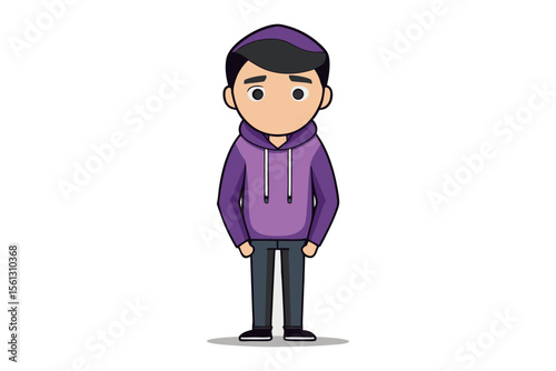 Boy in Purple Hoodie: A young boy wearing a purple hoodie stands against a white background. He has dark hair and a neutral expression. The illustration is clean and simple.
