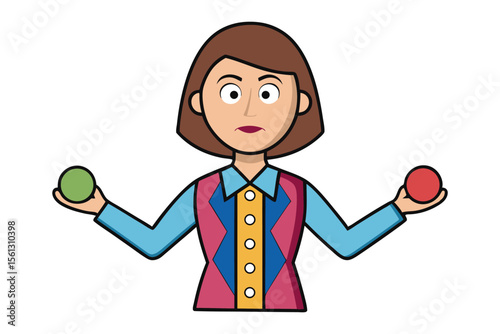 Cartoon woman holding a green ball in one hand and a red ball in the other symbolizing choice or balance