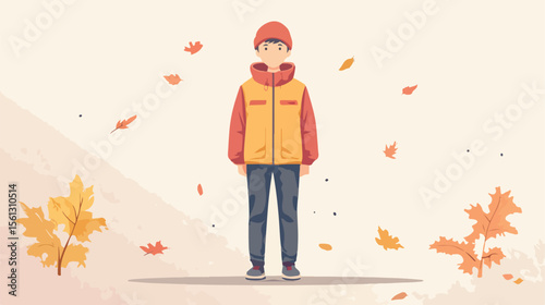 Young Boy Wearing Stylish Autumn Clothes Flat Vector Illustration