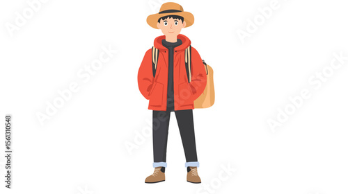 Young Boy Wearing Hat and Red Jacket on White Background