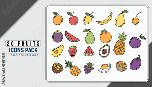 Colorful Fruits Icons Pack: A visually appealing icons pack showcasing a diverse array of vibrant and appetizing fruits, perfect for illustrating the freshness and variety of nature's bounty.