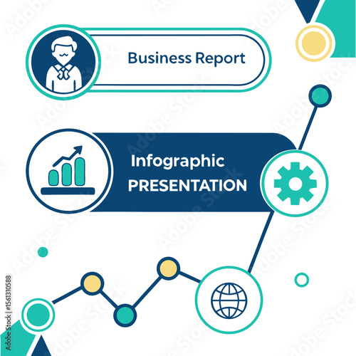 Infographic elements showing business report presentation and data analysis with global and chart icons