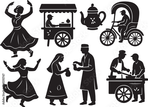 A set of traditional South Asian street food vendor silhouettes showcasing chai walas, tea stalls, and roadside food carts in a vintage, cultural style. Perfect for heritage-themed art, documentaries,