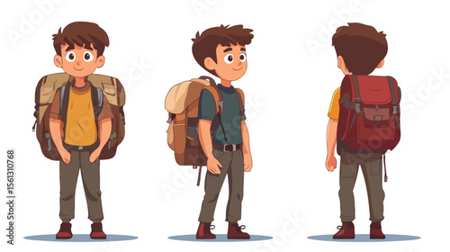 Happy Cartoon Boy with Backpacks Flat Vector Illustration
