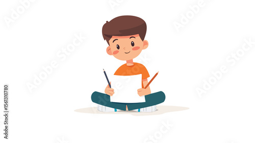 Creative Boy Drawing Art on Paper Flat Vector Illustration