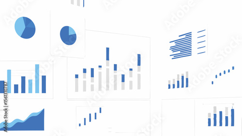 A collection of various data visualization charts including bar graphs and pie charts on white background