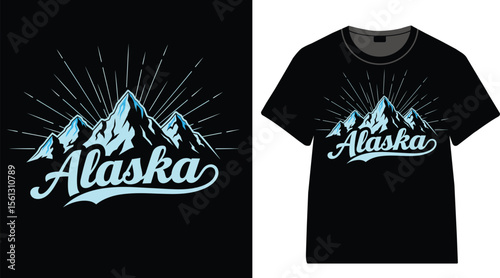 A black shirt with alaska graphic featuring mountains and light rays
