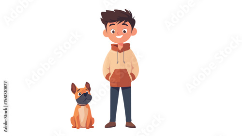 Cute Boy with Cartoon Dog Flat Vector Illustration