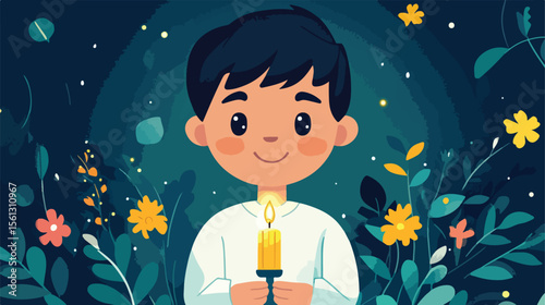 Young Boy with First Communion Candle Flat Vector Illustration