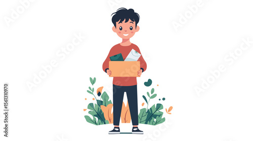Boy with Donation Box Flat Vector Illustration