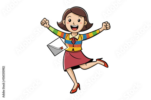 Joyful businesswoman with a colorful striped sweater and a red skirt celebrating success while holding a document