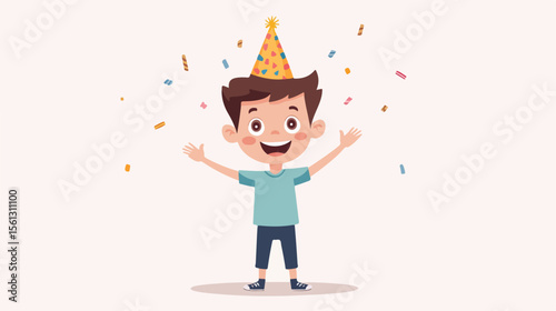 Boy Celebrating with Party Hat Flat Vector Illustration