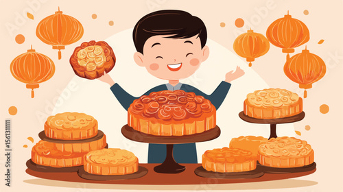 Boy with Huge Mooncake Mid Autumn Flat Vector Illustration
