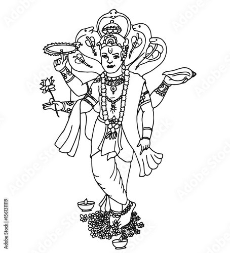 Cute cartoon hand drawn vector Lord Vishnu outline.