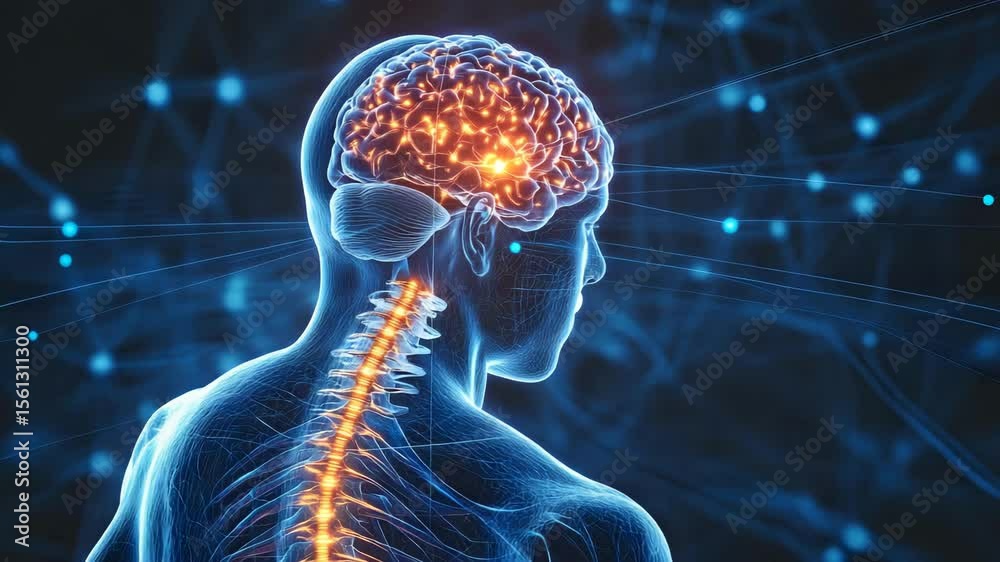 Digital nervous system highlighting brain activity sending rapid pulses to spine and limbs in precise visual interface