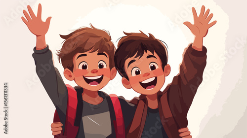 Happy Boys Smiling, Hugging, and Waving Hands