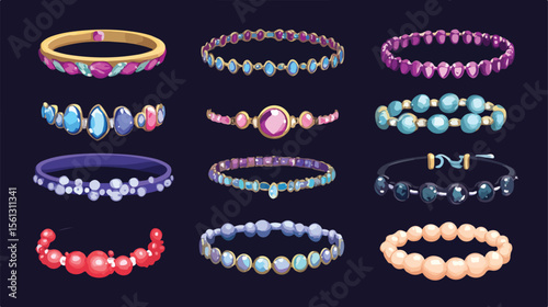 Elegant Bracelets with Gemstones Flat Vector Illustration