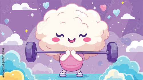 Strong Brain with Cute Weight Lifting Kawaii Character Vector Illustration