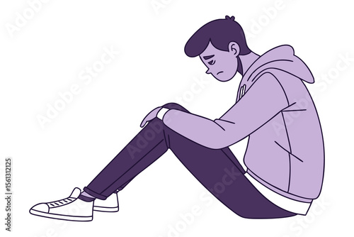 Silent Suffering: A young man sits in solitude, hunched in upon himself, his downcast gaze hinting at unspoken emotional turmoil in a minimalist style.