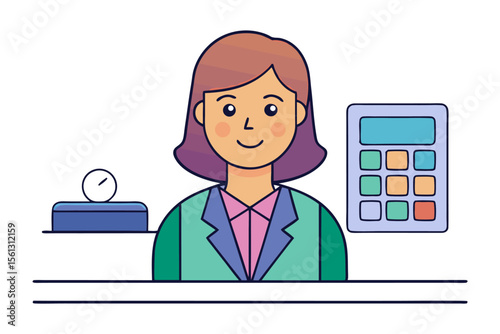 Friendly cartoon woman wearing a colorful blazer standing behind a desk with a calculator and a gauge representing business and finance
