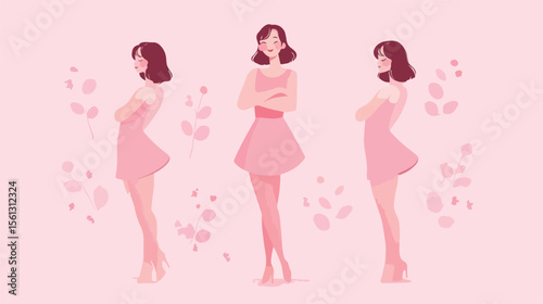 Breast Cancer Awareness Month Cute Women Flat Vector Illustration