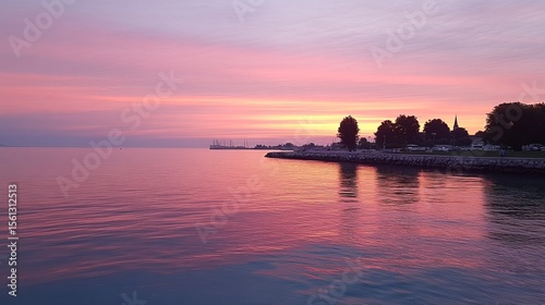 Serene sunset over calm waters, reflecting vibrant pink and purple hues across the sky and sea.  Silhouetted trees and distant structures line the shore