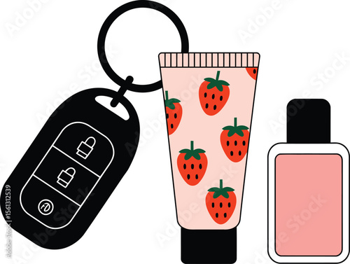 Vector Car Key Fob & Cosmetics: Everyday Essentials Graphic.