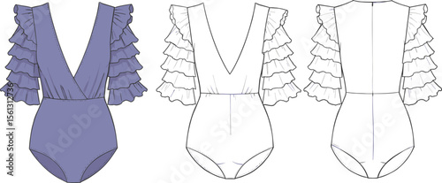  Ruffle sleeve bodysuit design, deep V neck swimsuit illustration, fashion technical sketch, women's apparel flat, garment drawing templateflat vector illustration