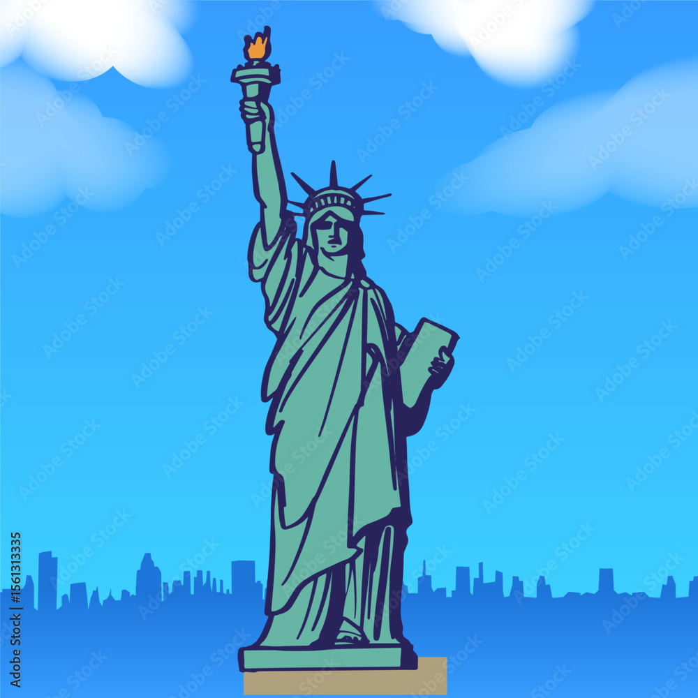 Fototapeta premium Statue of Liberty monument on blue skyline. Flat vector illustration of American symbol for travel blogs, education, posters; evokes freedom and patriotic inspiration.