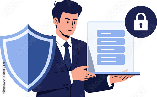 Cartoon Businessman Presenting Data Security with Shield Document and Padlock.